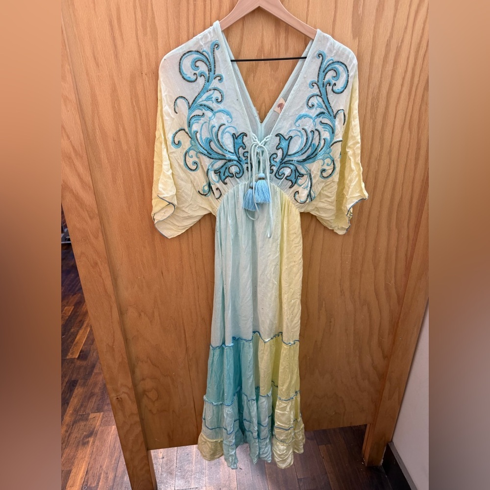 Elegant Boho Blue and Yellow Embroidered Dress